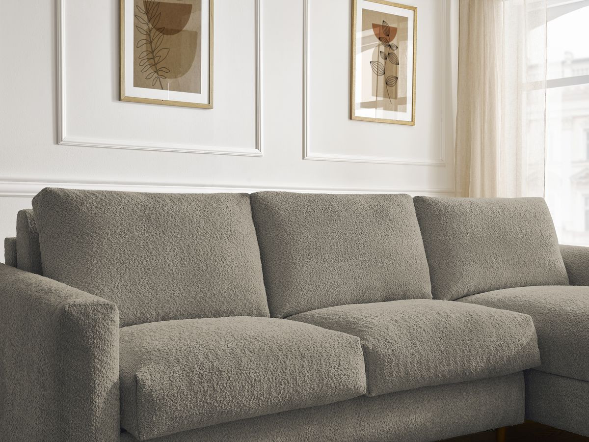 Bobochic Cocoone Ecksofa mit Schlaffunktion und Bettkasten Bouclé-Stoff Taupe, Liegefläche 140 × 200 cm