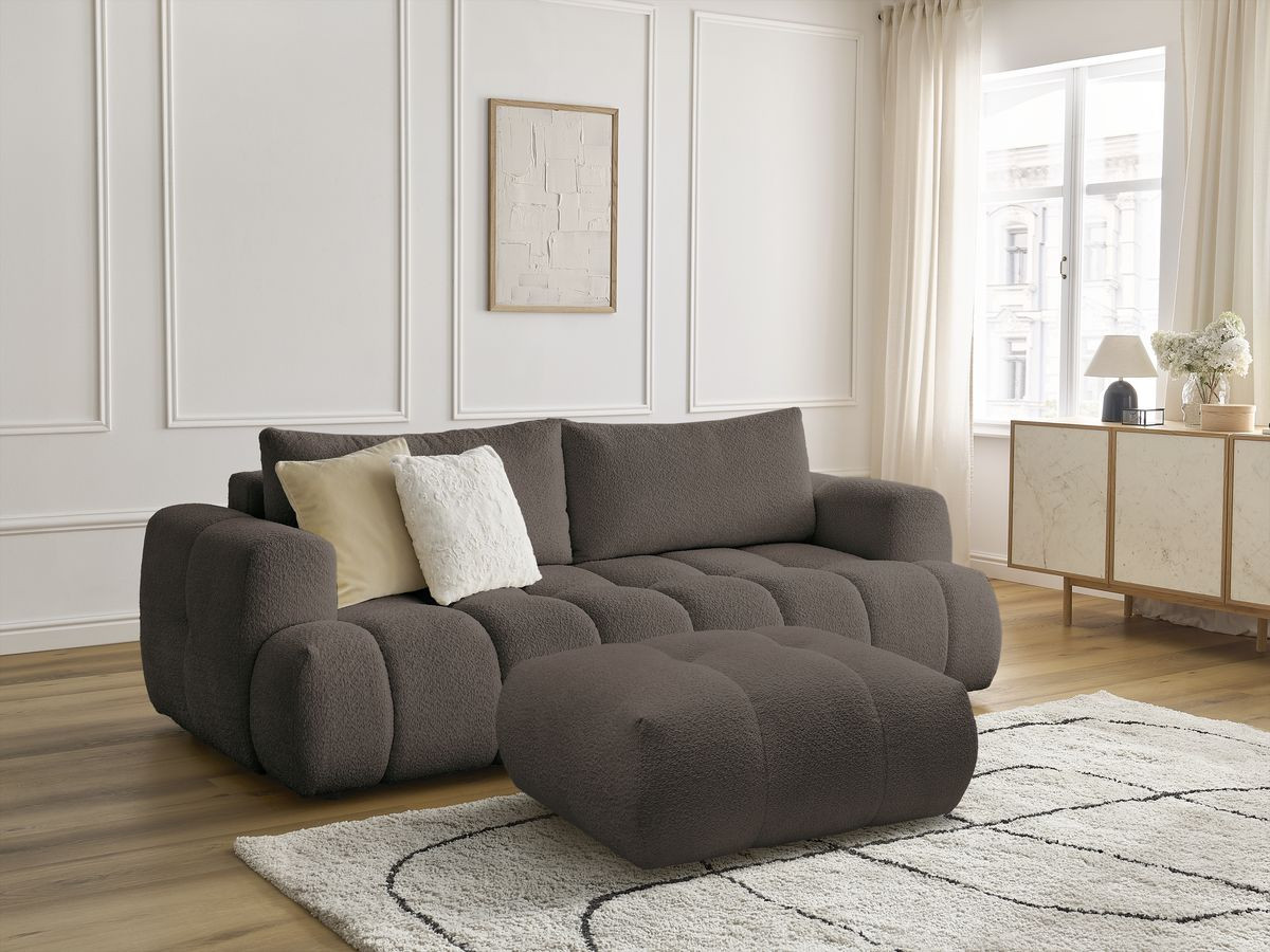 Bobochic Fuji Schlafsofa 3-Sitzer mit Bettkasten und Pouf Bouclé-Stoff Braun