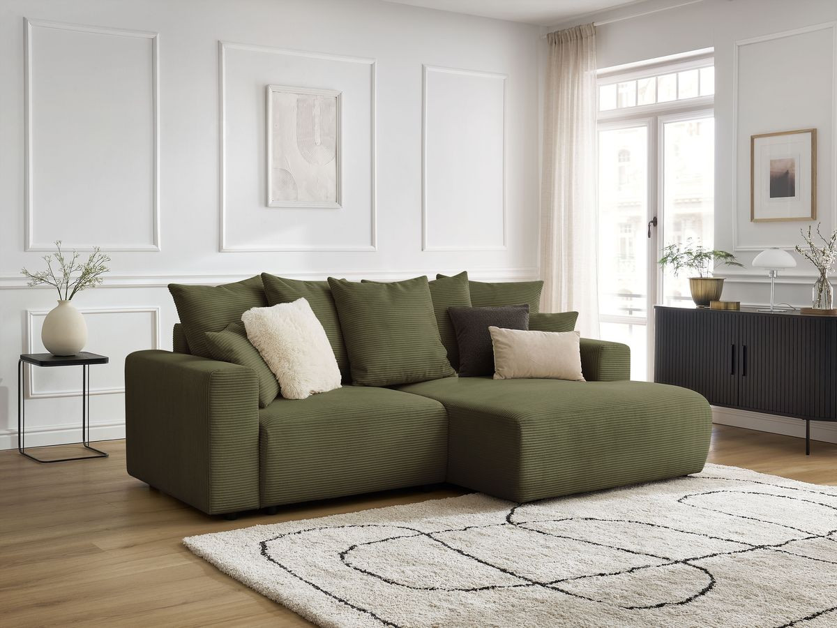 Bobochic Atilla Ecksofa mit Schlaffunktion und Bettkasten Cordsamt Hellgrün Ecke rechts