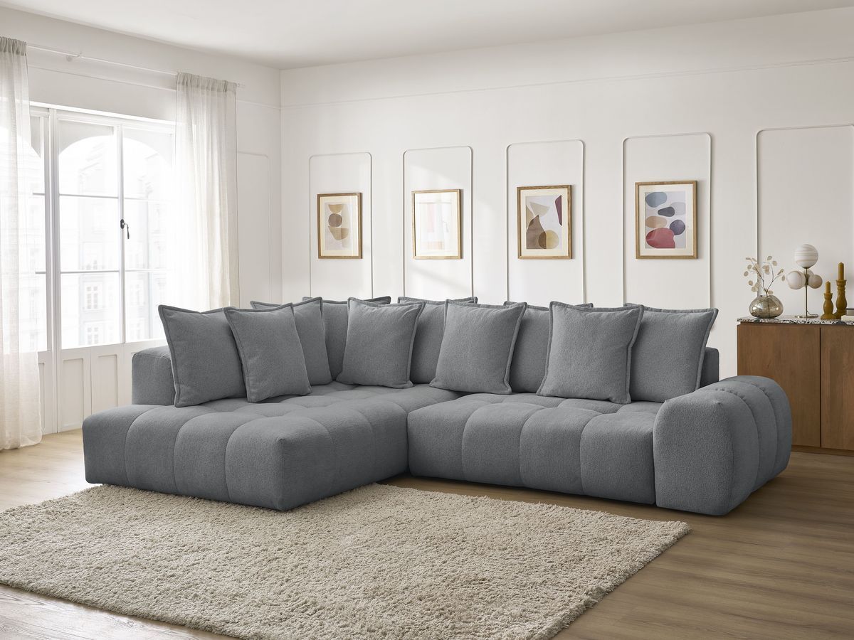 Bobochic Everest Ecksofa mit Schlaffunktion und Bettkasten 320 × 212 cm, 10 Kissen Melange-Stoff Dunkelgrau Ecke links