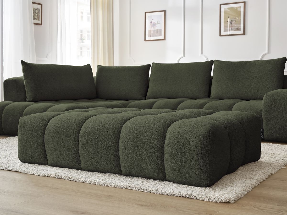 Bobochic Everest Ecksofa mit Schlaffunktion und Pouf, 4 Kissen Melange-Stoff Grün Ecke links