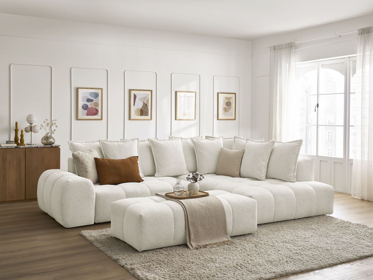 Bobochic Everest Ecksofa mit Schlaffunktion und Bettkasten und Pouf 320 × 212 cm, 10 Kissen Melange-Stoff Weiß Ecke rechts