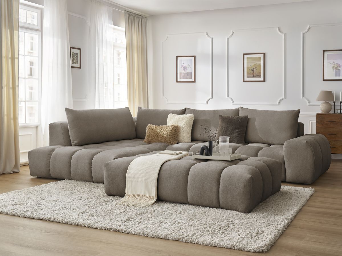 Bobochic Everest Ecksofa mit Schlaffunktion und Pouf, 4 Kissen Strukturstoff Taupe Ecke links