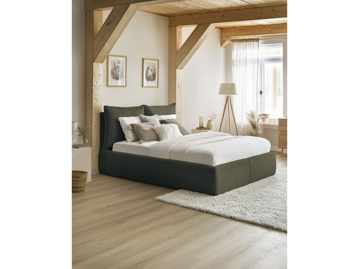 Bobochic Garance Polsterbett mit Bettkasten Bouclé-Stoff Grün, Liegefläche 140 × 190 cm