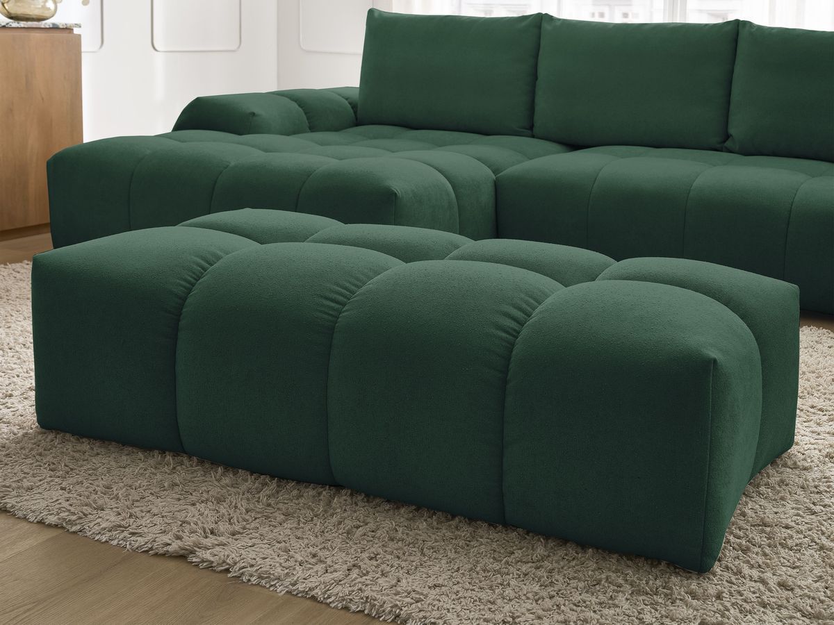 Bobochic Everest Ecksofa mit Schlaffunktion und Bettkasten und Pouf 318 × 180 cm, 3 Kissen Strukturstoff Grün Ecke links