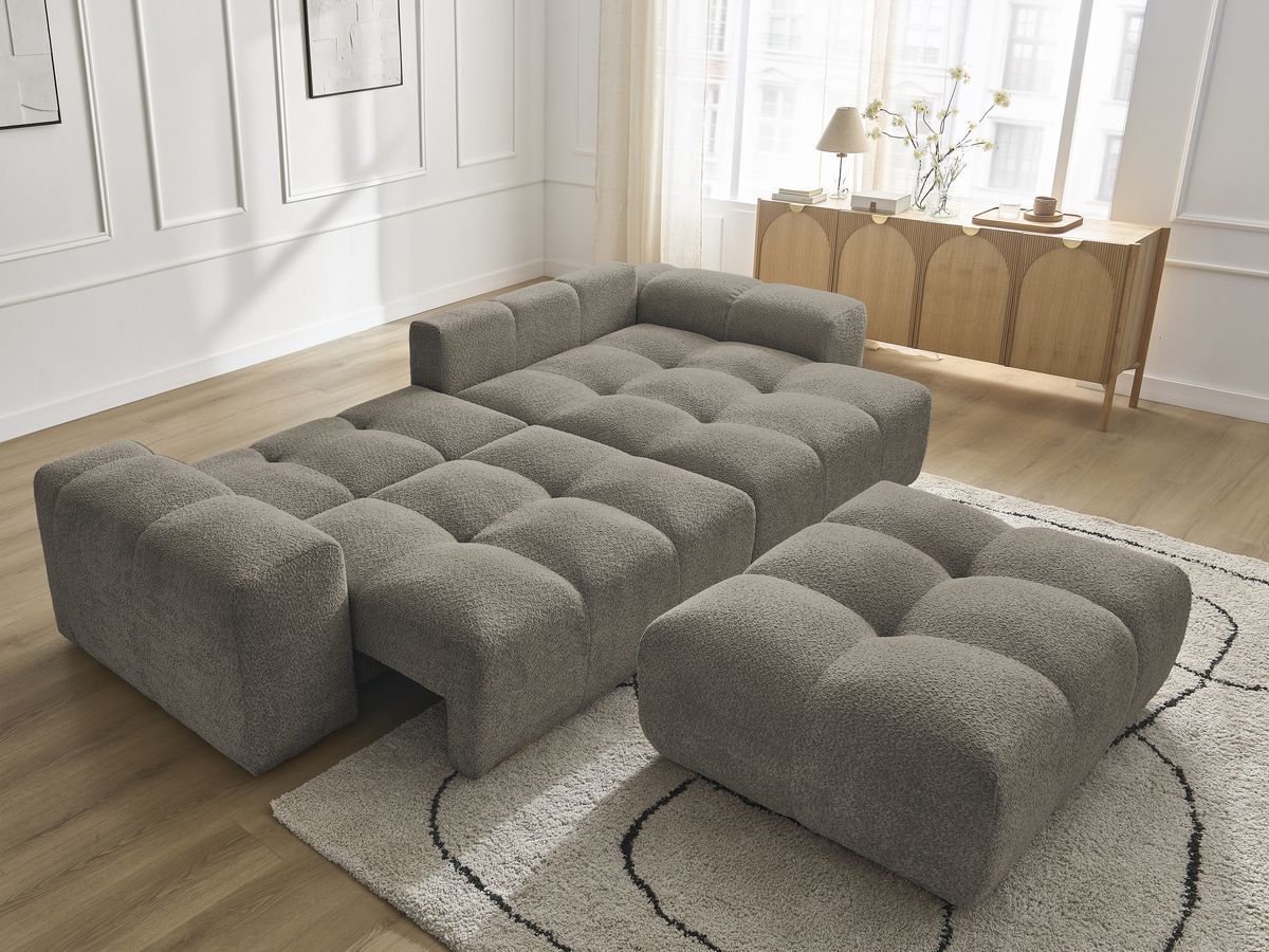 Bobochic Anakin Ecksofa mit Schlaffunktion und Bettkasten und Pouf, 2 Kissen Bouclé-Stoff Taupe