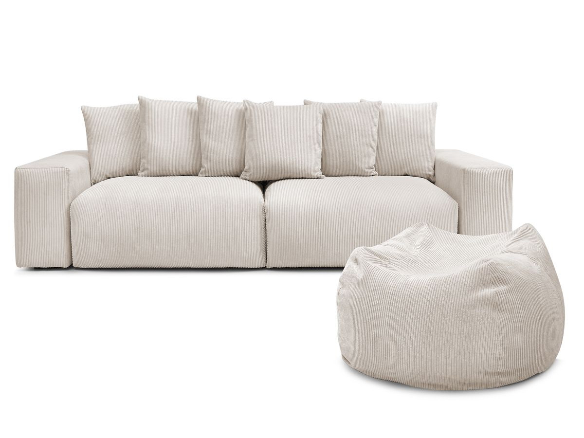 Bobochic Voltaire Sofa 5-Sitzer mit Pouf Cordsamt Beige