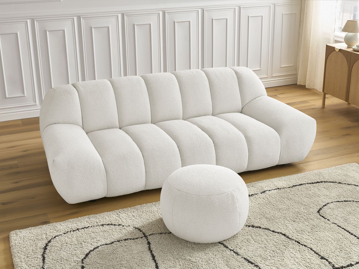 Bobochic Hayden Sofa 3-Sitzer mit Pouf 226 × 107 cm Bouclé-Stoff Weiß