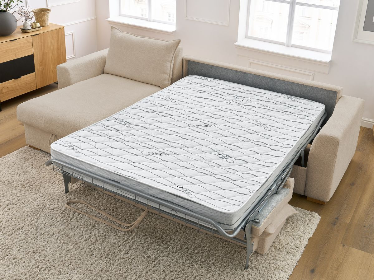 Bobochic Augustin Ecksofa mit Schlaffunktion und Bettkasten Bouclé-Stoff Beige, Liegefläche 140 × 200 cm