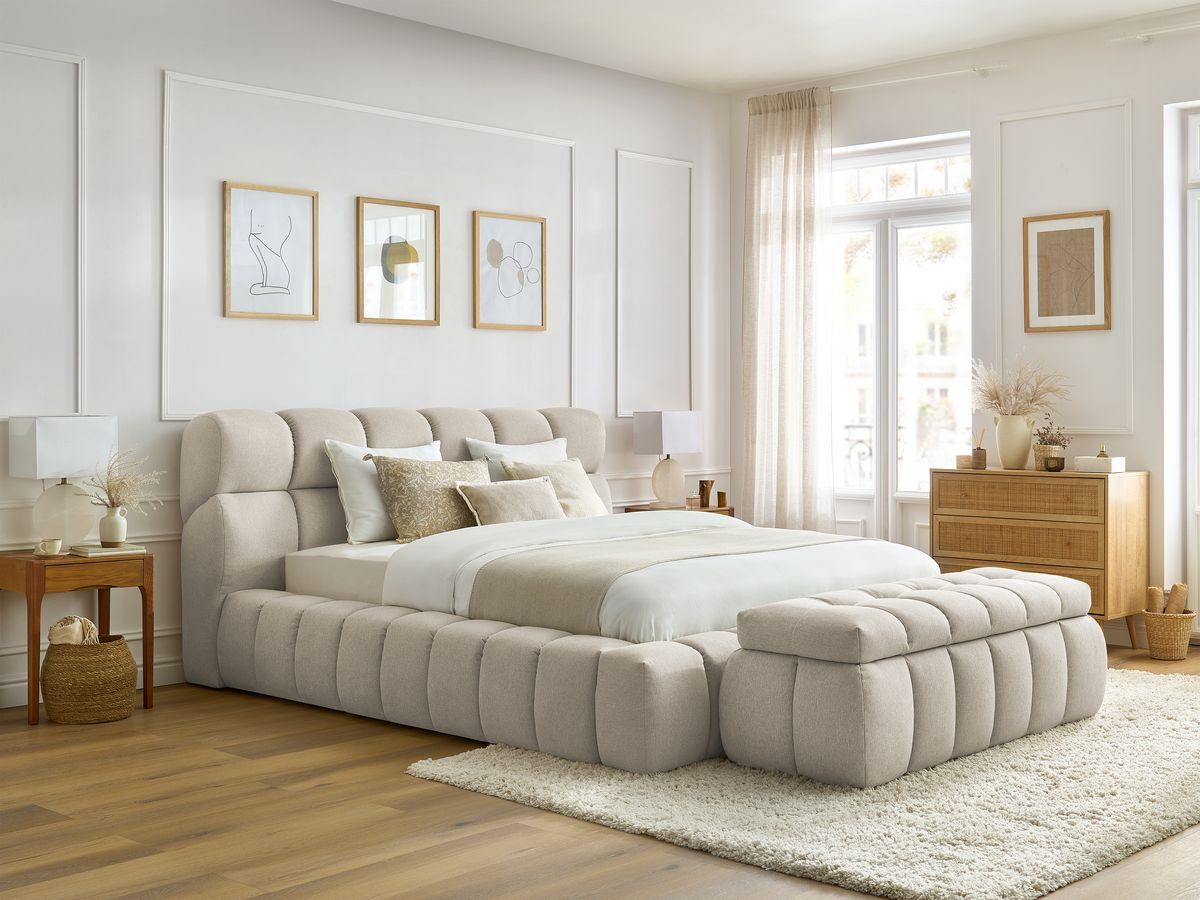 Bobochic Mont-blanc Polsterbett mit Bettkasten mit Bettbank Stoff Beige, Liegefläche 140 × 190 cm