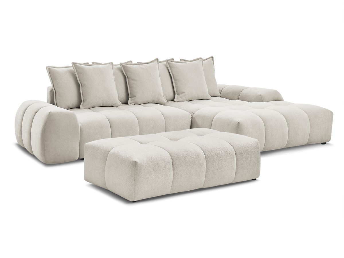 Bobochic Everest Ecksofa mit Schlaffunktion und Bettkasten und Pouf 318 × 180 cm, 7 Kissen Strukturstoff Beige Ecke rechts