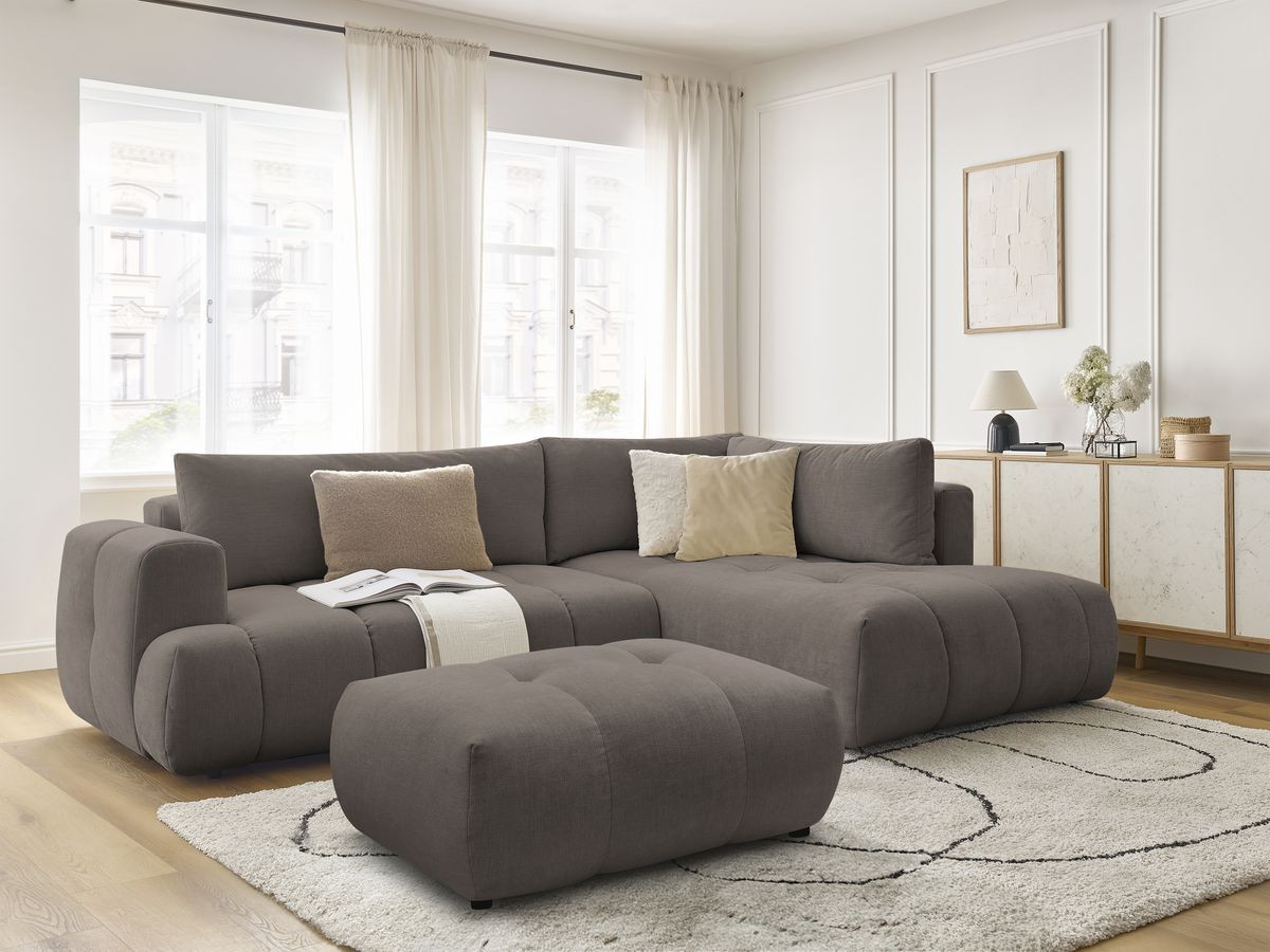 Bobochic Fuji Ecksofa mit Schlaffunktion und Bettkasten und Pouf 282 × 204 cm Stoff Taupe Ecke rechts