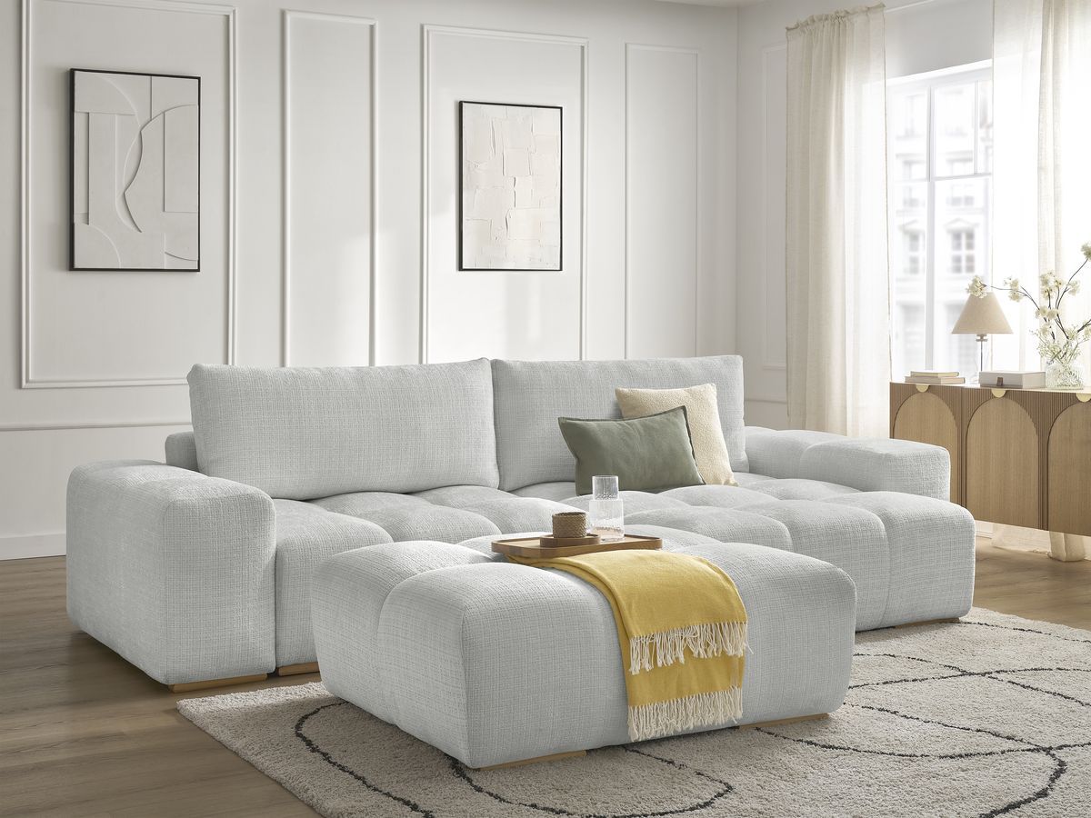 Bobochic Anakin Ecksofa mit Pouf, 2 Kissen Strukturstoff Hellgrau