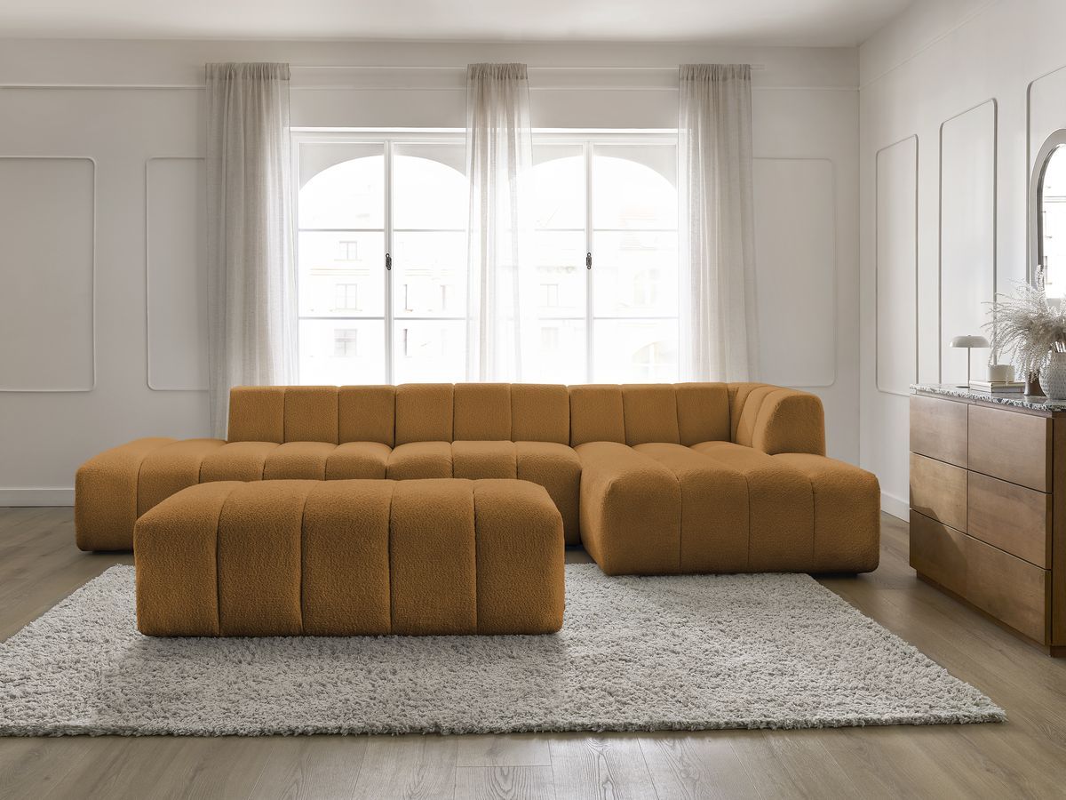 Bobochic Annecy Ecksofa mit Sofamodul und Pouf Bouclé-Stoff Gelb Ecke rechts