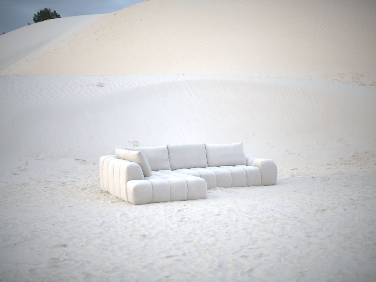 Bobochic Everest Ecksofa mit Schlaffunktion und Pouf, 4 Kissen Strukturstoff Beige Ecke links