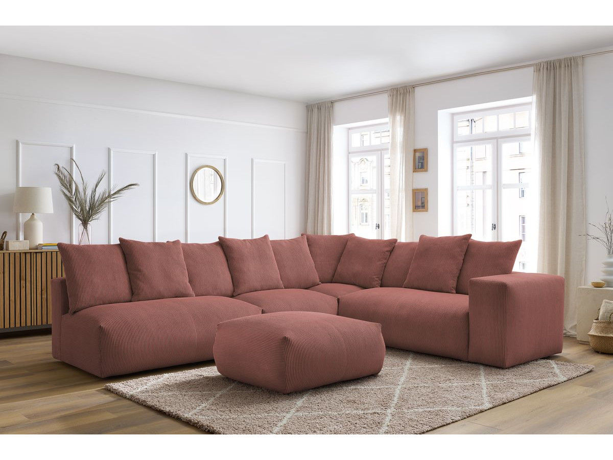 Bobochic Voltaire Ecksofa mit Pouf 322 × 268 cm Cordsamt Rosa Ecke rechts