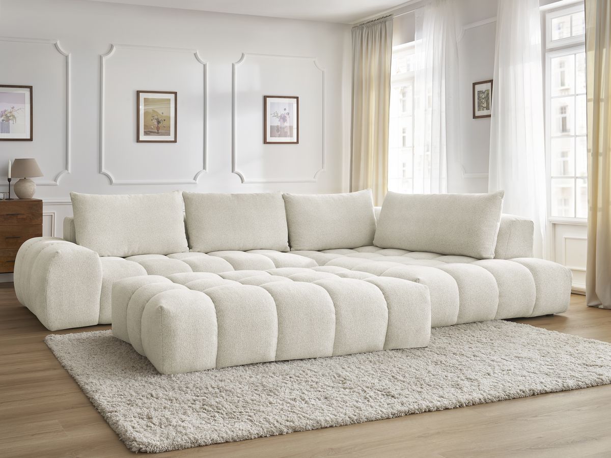 Bobochic Everest Ecksofa mit Schlaffunktion und Pouf, 4 Kissen Melange-Stoff Weiß Ecke rechts