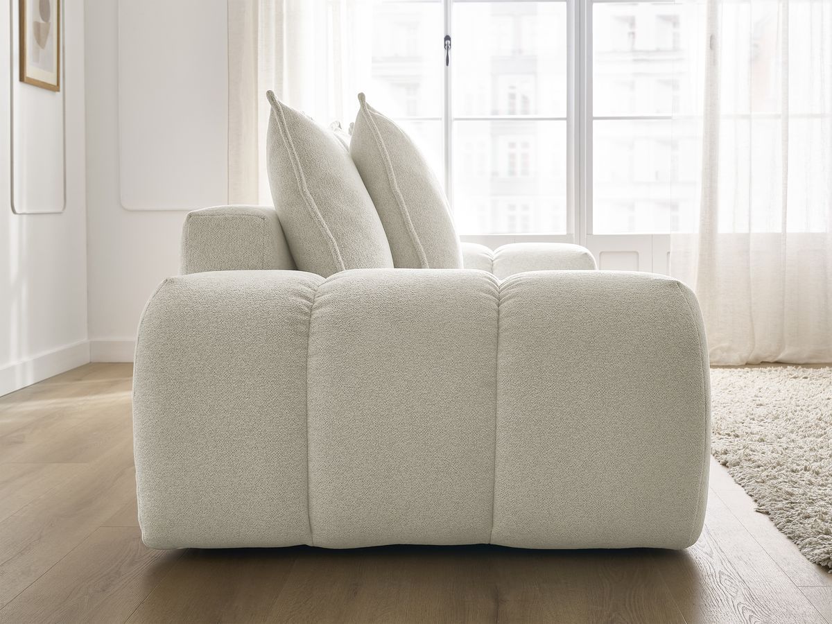 Bobochic Everest Schlafsofa 3-Sitzer mit Bettkasten, 5 Kissen Melange-Stoff Weiß