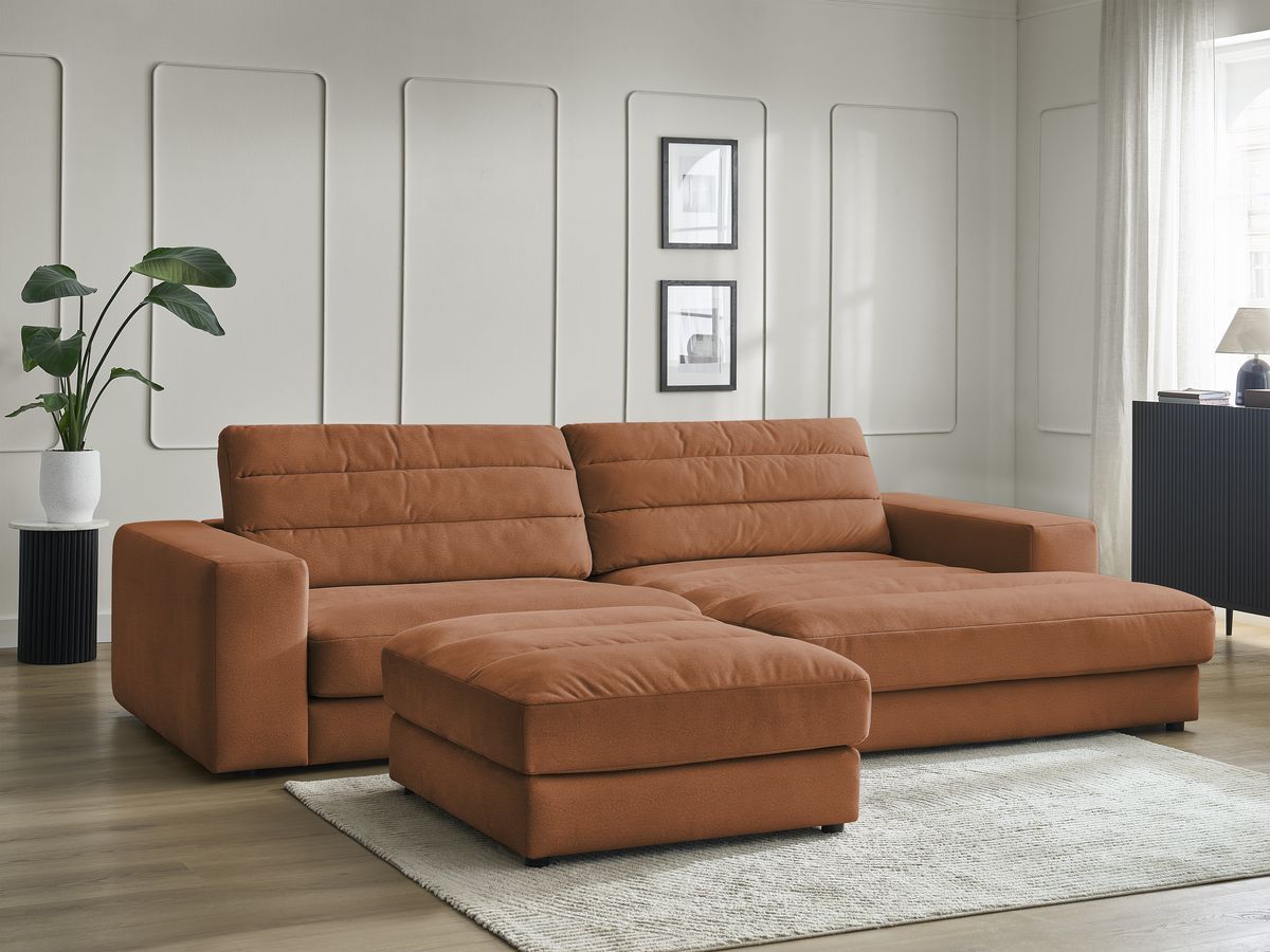 Bobochic Sierra Ecksofa mit Pouf Samt Orange Ecke rechts