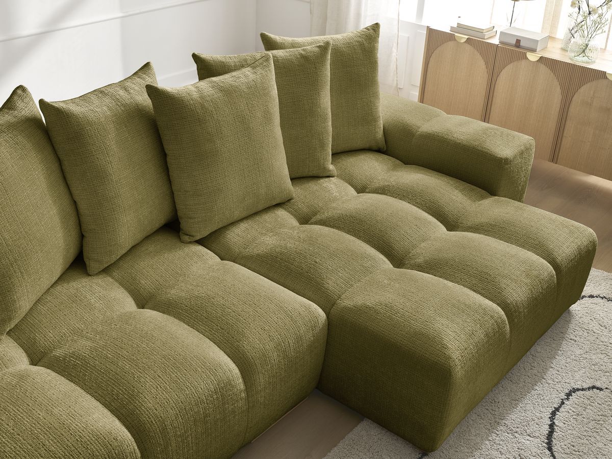 Bobochic Anakin Ecksofa mit Schlaffunktion und Bettkasten, 6 Kissen Strukturstoff Grün