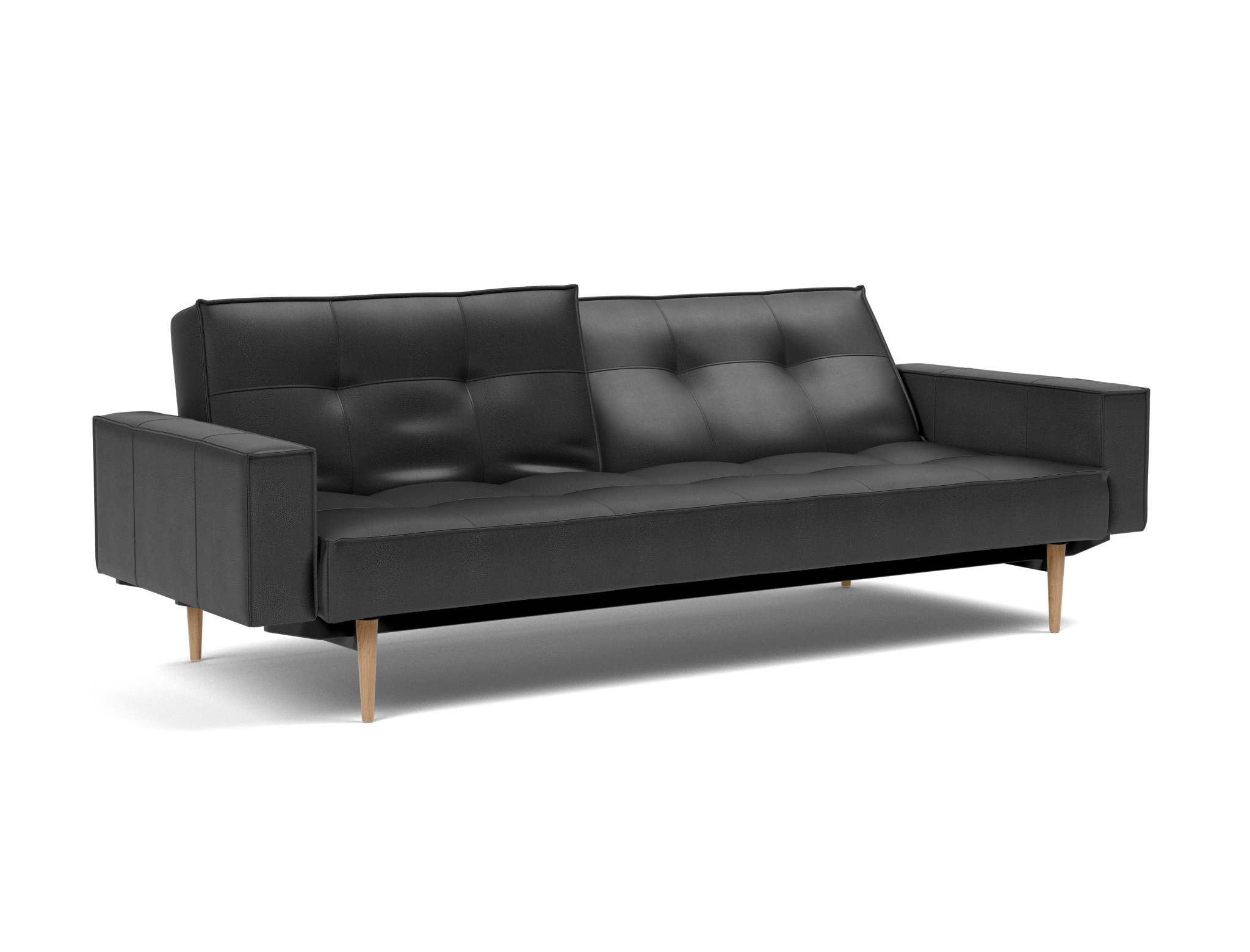 Schlafsofa Splitback mit Armlehnen Lederoptik Faunal 550-Black Beine Styletto Eiche hell