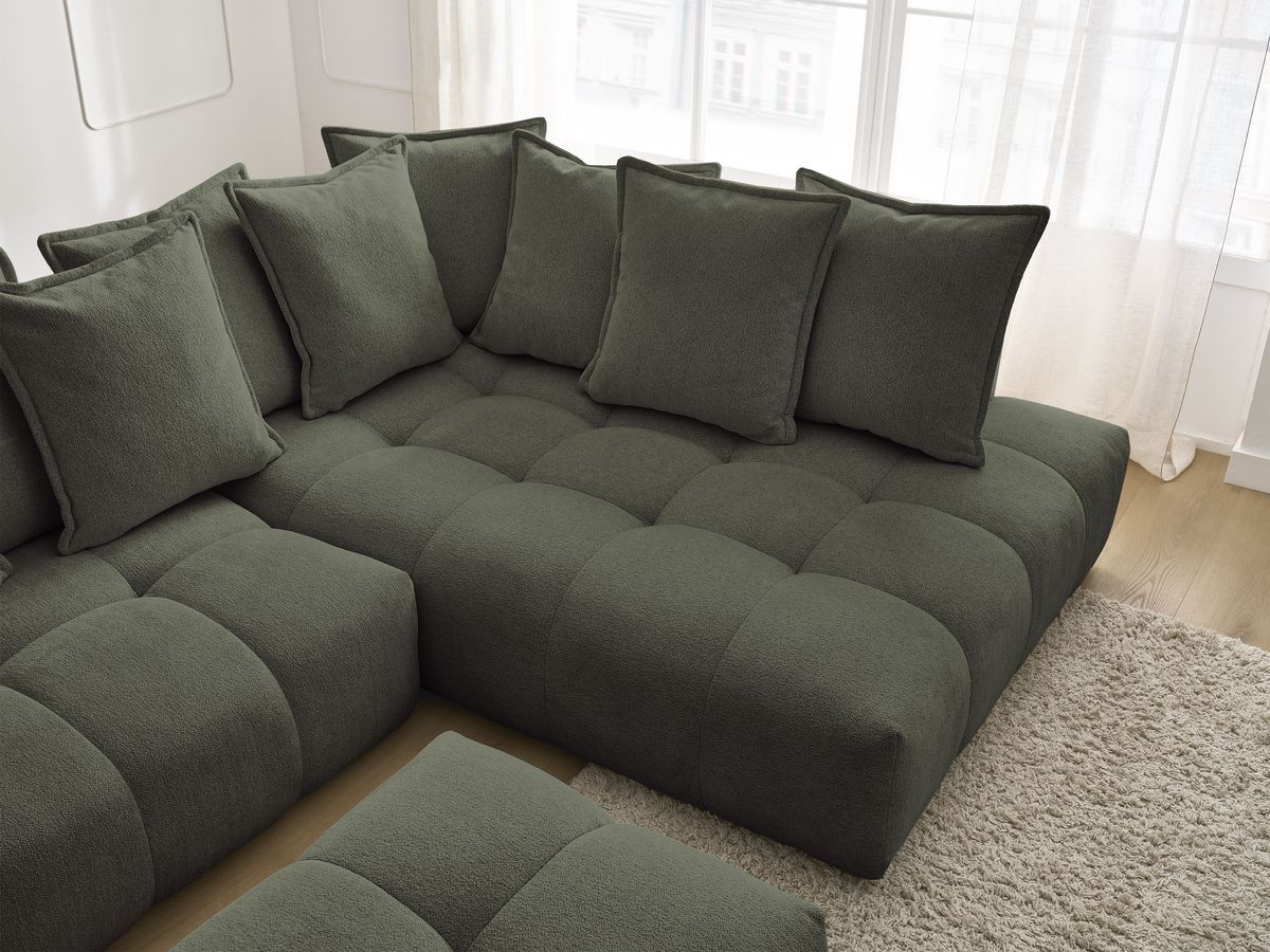 Bobochic Everest Ecksofa mit Schlaffunktion und Bettkasten und Pouf 320 × 212 cm, 10 Kissen Melange-Stoff Grün Ecke rechts