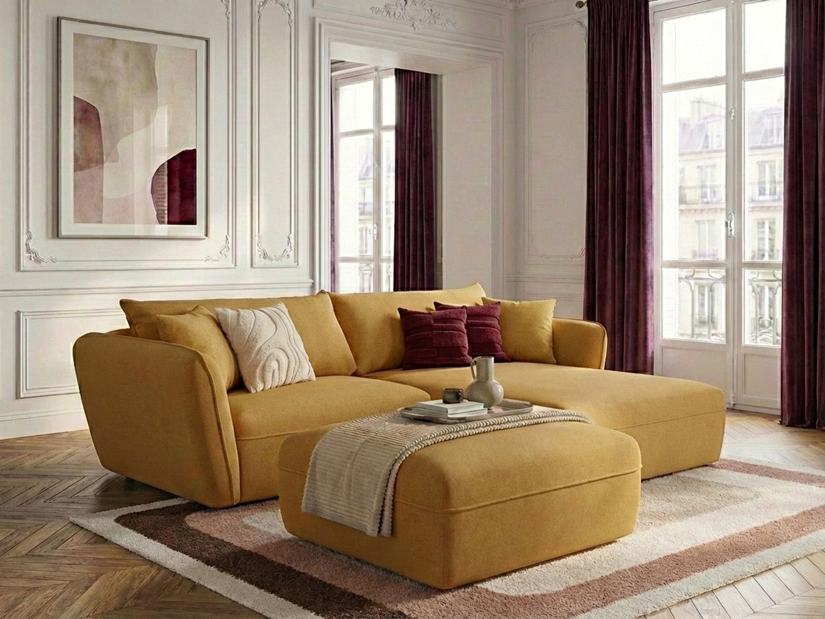 Bobochic Luigi Ecksofa mit Pouf Strukturstoff Gelb Ecke rechts