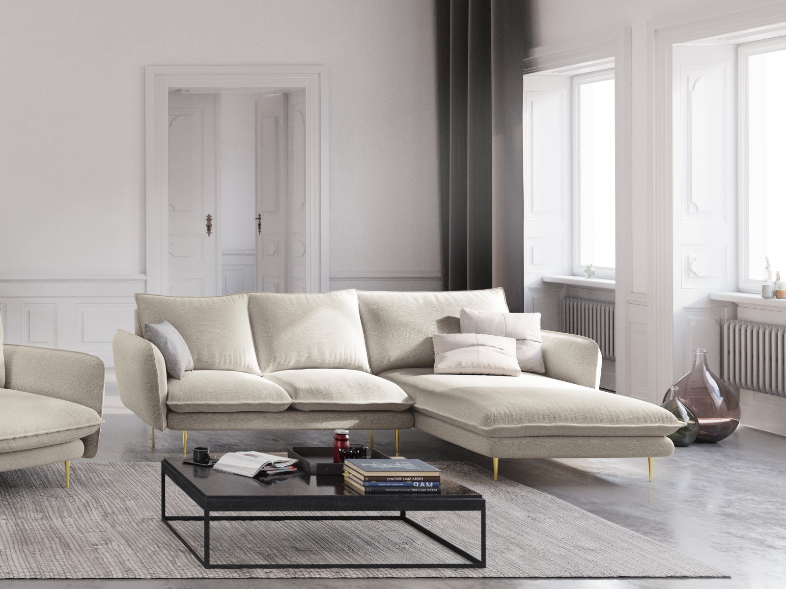 Cosmopolitan Design Ecksofa Vienna 5-Sitzer Strukturierter Stoff Positano Helles Beige Rechts Beine Gold