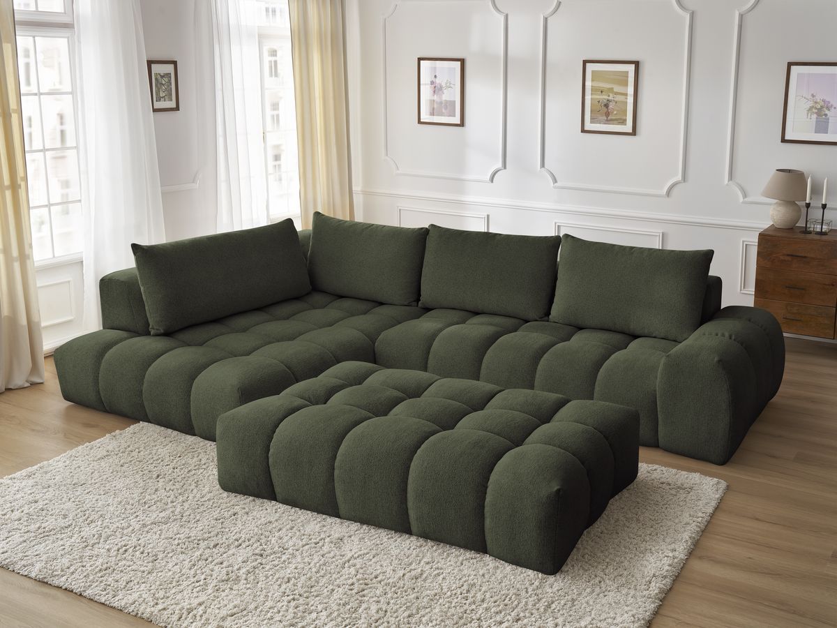 Bobochic Everest Ecksofa mit Schlaffunktion und Pouf, 4 Kissen Melange-Stoff Grün Ecke links