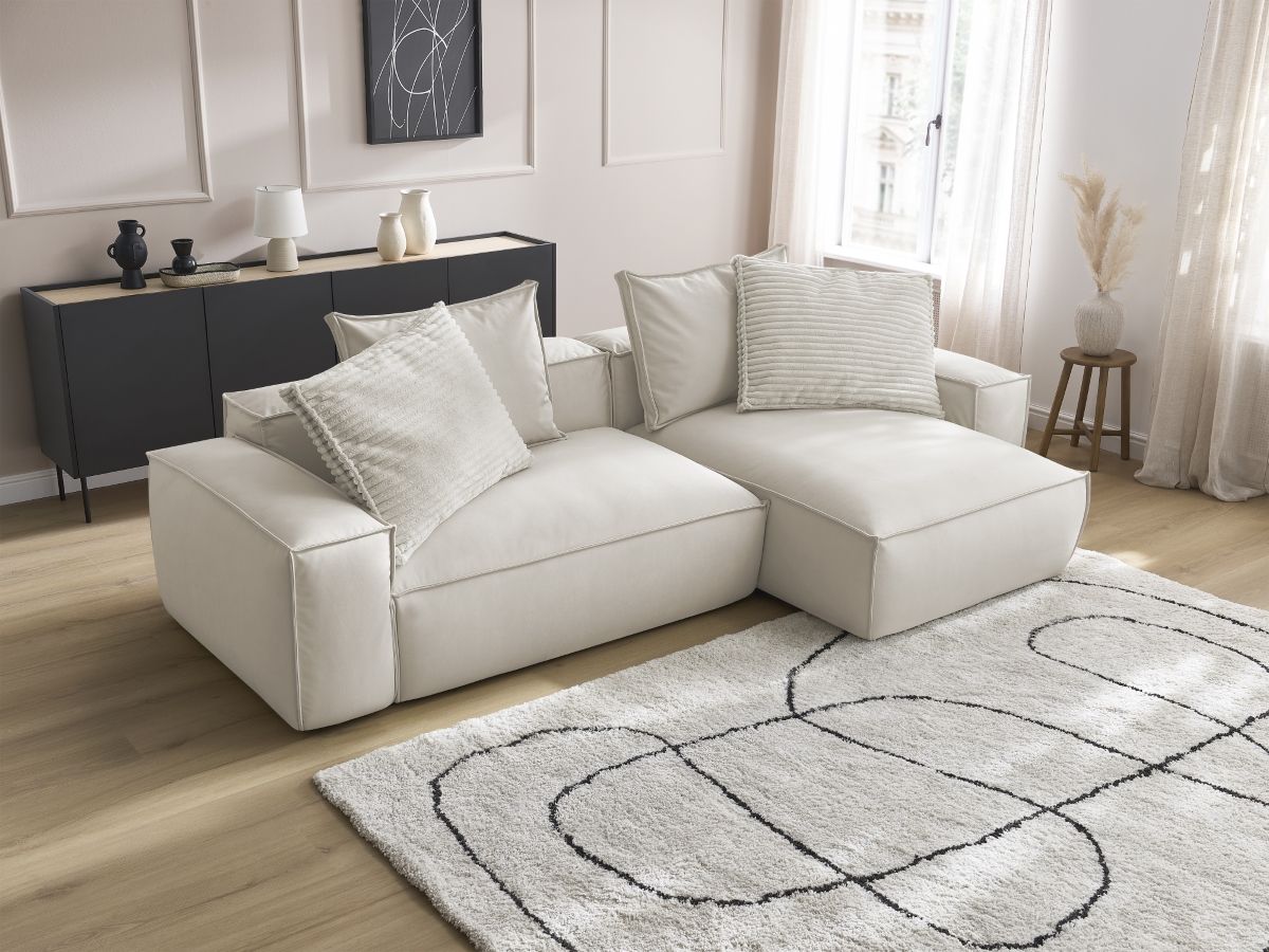 Bobochic Boheme Ecksofa, 3 Kissen Kunstleder Beige
