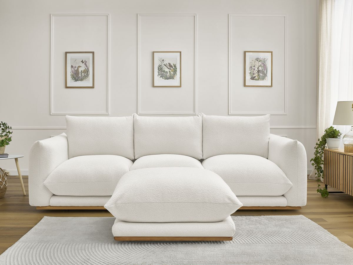 Bobochic Ernest Sofa 3-Sitzer mit Pouf 266 × 106 cm Bouclé-Stoff Weiß
