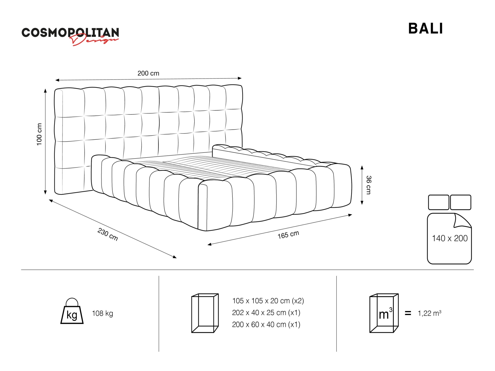Cosmopolitan Design Stauraumbett mit doppeltem Kopfteil Bali 140x200 Samt Bluvel Schwarz