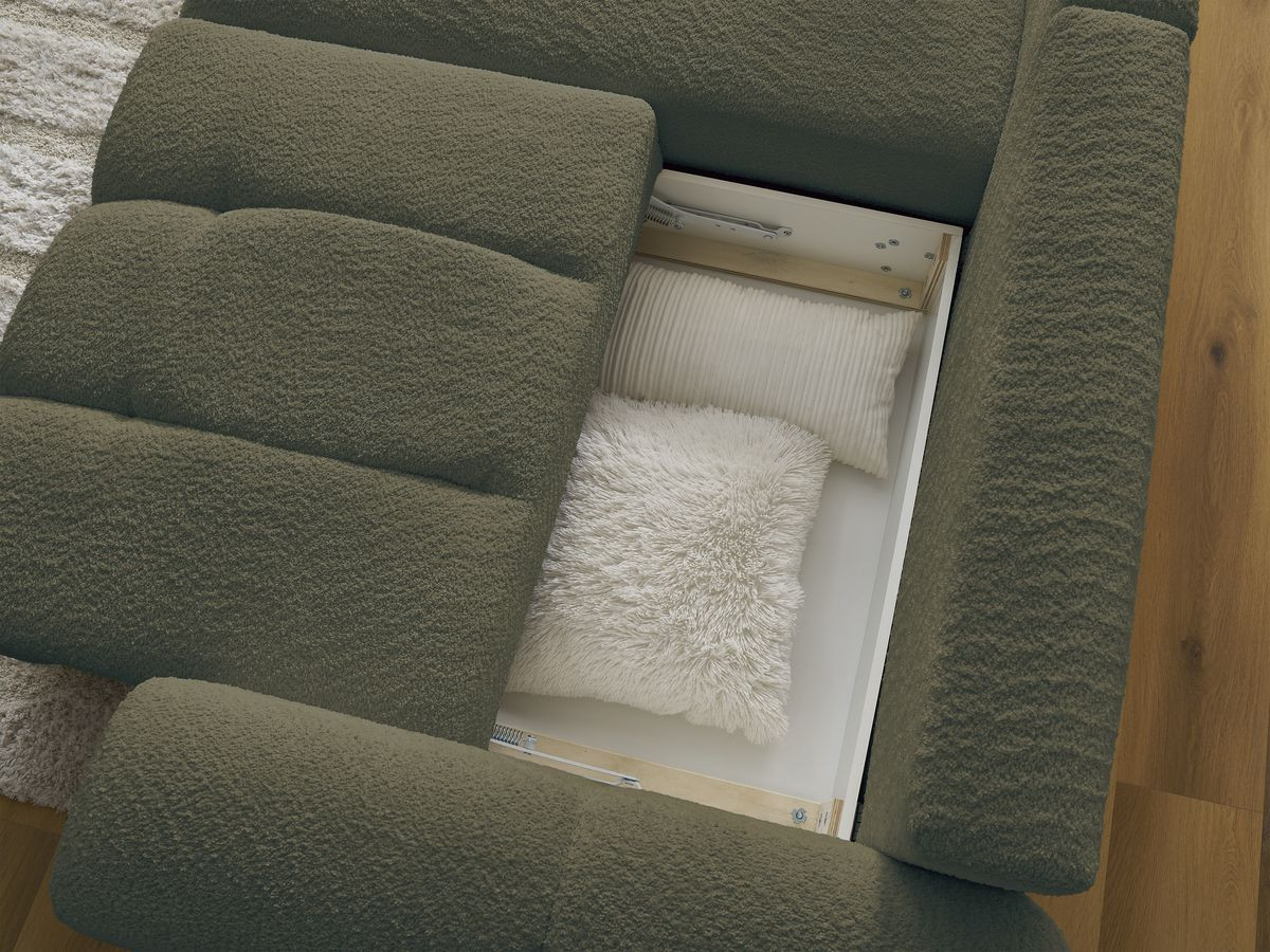 Bobochic Roxelane Ecksofa mit Schlaffunktion und Bettkasten und Pouf 258 × 150 cm Bouclé-Stoff Grün Ecke links