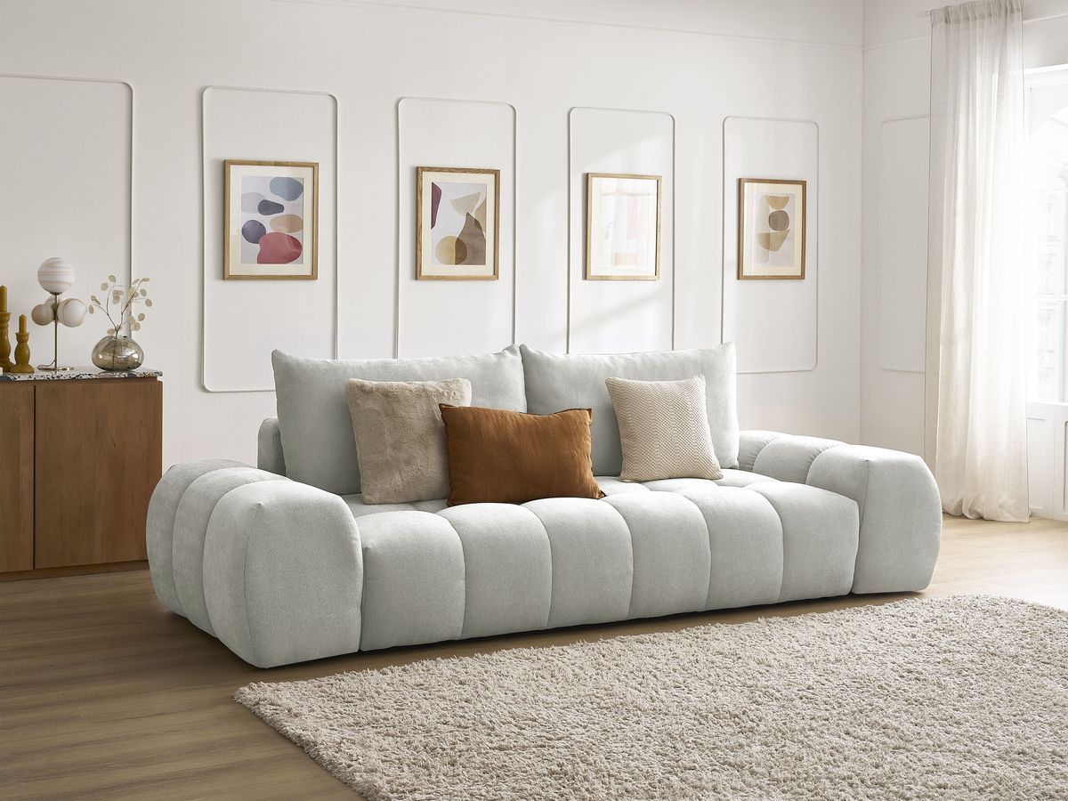 Bobochic Everest Schlafsofa 3-Sitzer mit Bettkasten, 2 Kissen Strukturstoff Hellgrau