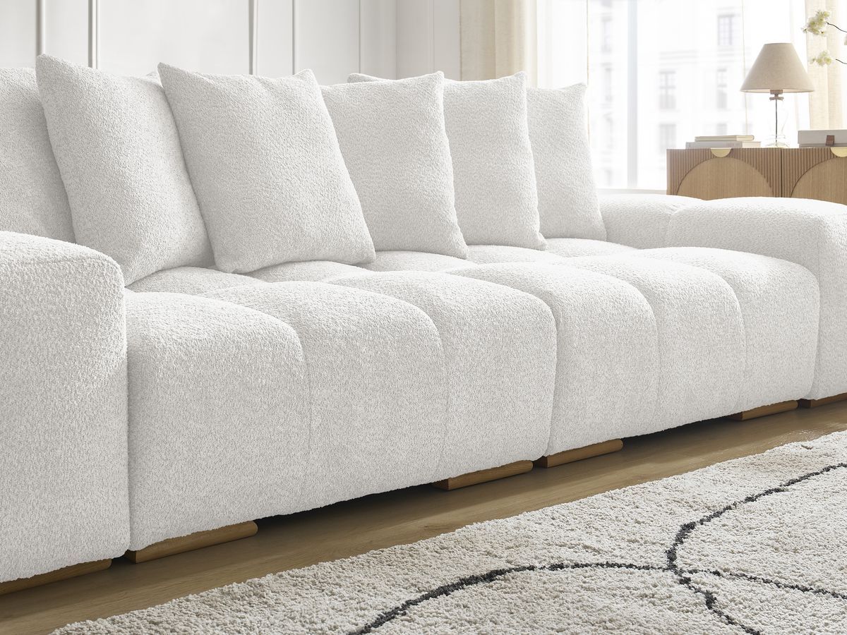 Bobochic Anakin Schlafsofa 3-Sitzer mit Bettkasten, 6 Kissen Bouclé-Stoff Weiß