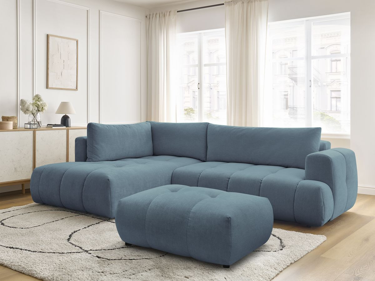 Bobochic Fuji Ecksofa mit Schlaffunktion und Bettkasten und Pouf 282 × 204 cm Stoff Hellblau Ecke links