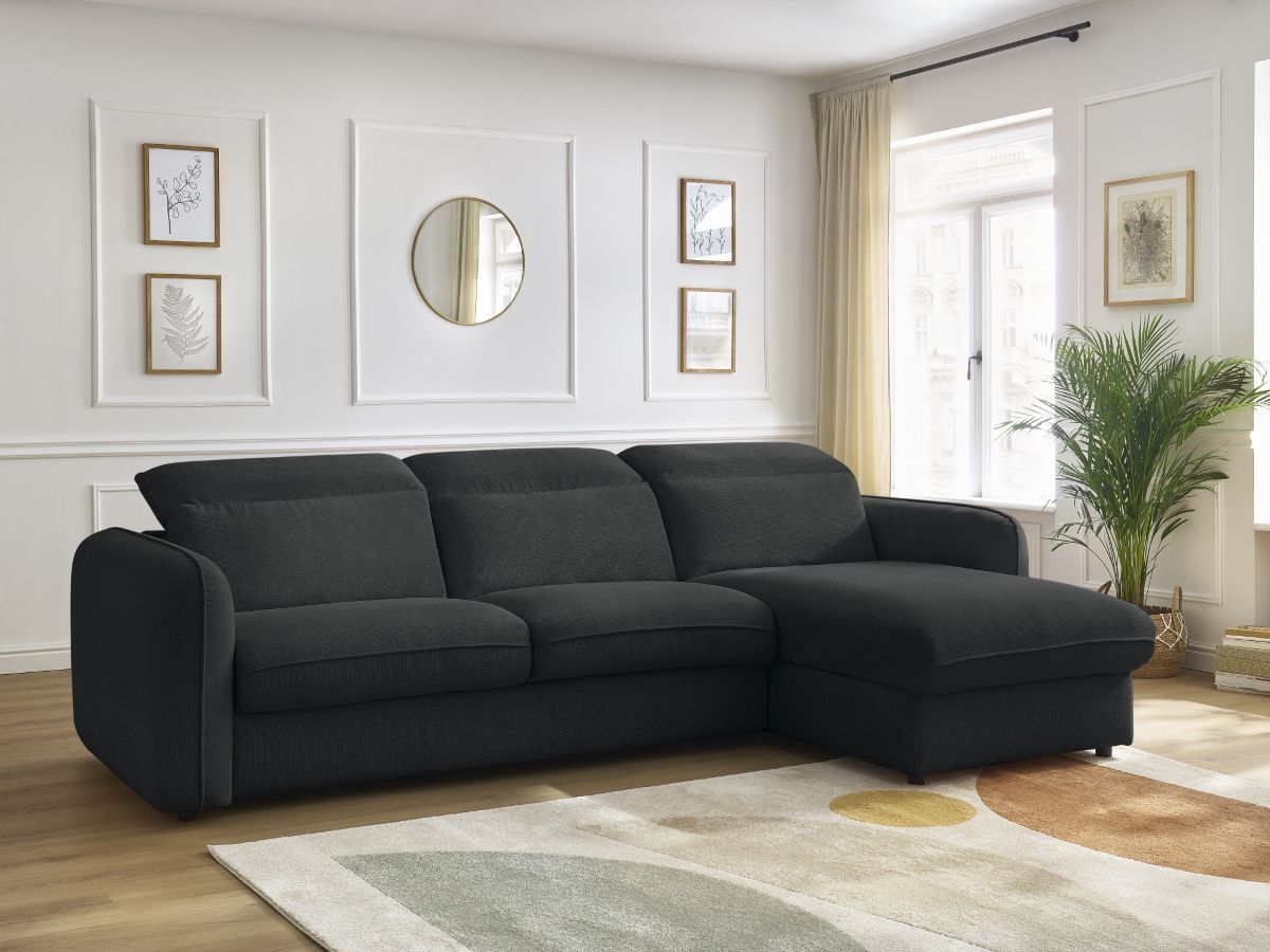 Bobochic Achille Ecksofa mit Schlaffunktion und Bettkasten Melange-Stoff Schwarz, Liegefläche 140 × 200 cm