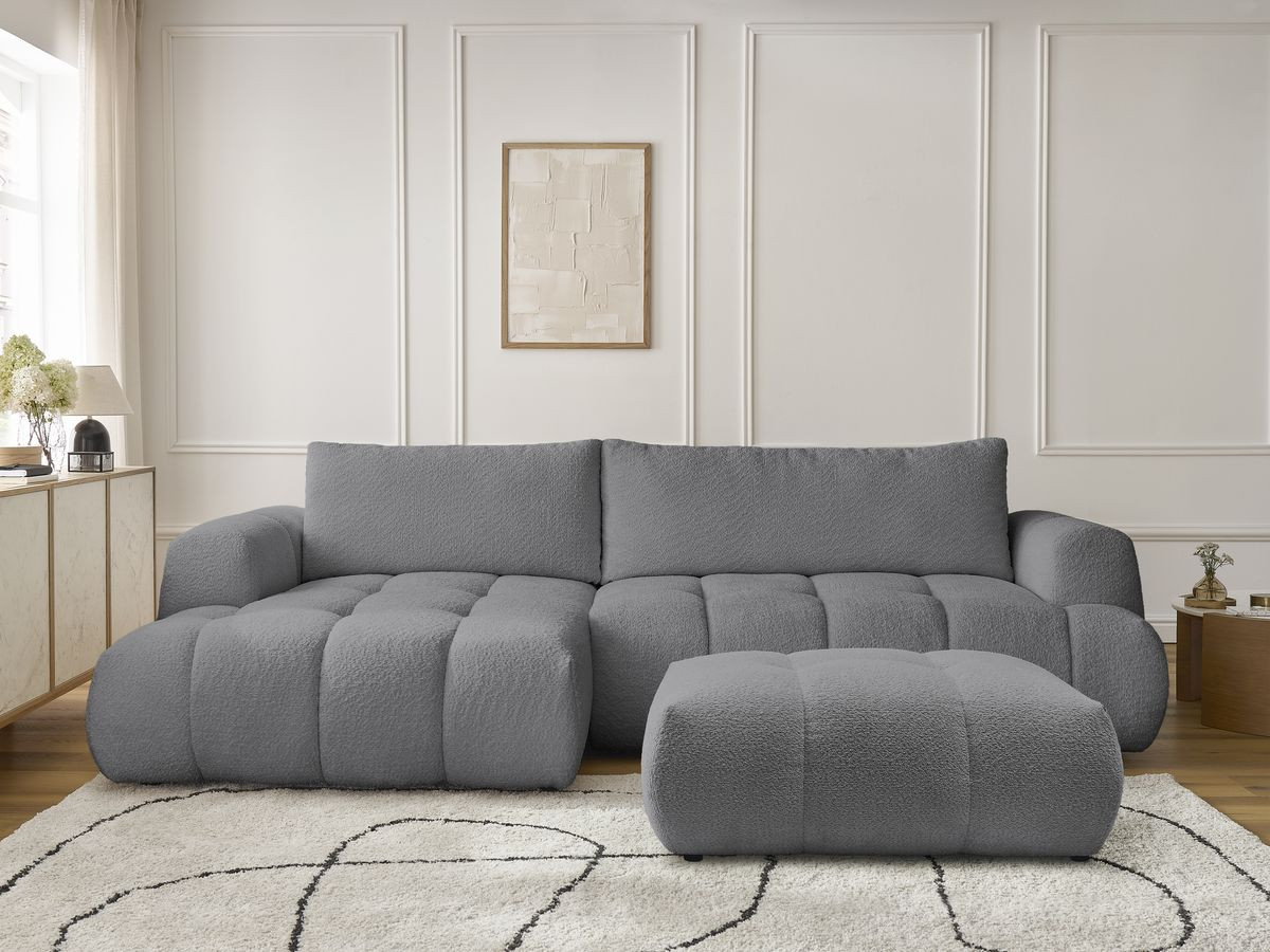 Bobochic Fuji Ecksofa mit Schlaffunktion und Bettkasten und Pouf 292 × 160 cm Bouclé-Stoff Dunkelgrau Ecke links