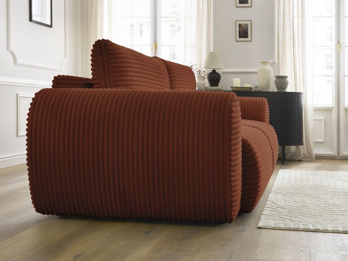Bobochic Lucien Schlafsofa 3-Sitzer mit Bettkasten Breitcord weich Orange