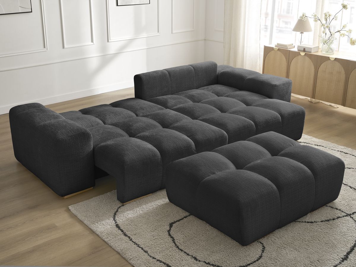 Bobochic Anakin Ecksofa mit Schlaffunktion und Bettkasten und Pouf, 6 Kissen Strukturstoff Schwarz