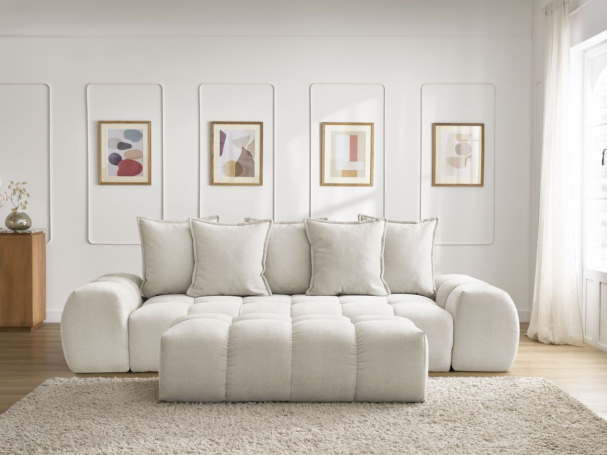Bobochic Everest Schlafsofa 3-Sitzer mit Bettkasten und Pouf, 5 Kissen Strukturstoff Beige