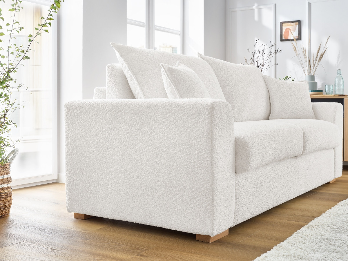 Bobochic Augustin Schlafsofa 3-Sitzer Bouclé-Stoff Weiß, Liegefläche 140 × 200 cm