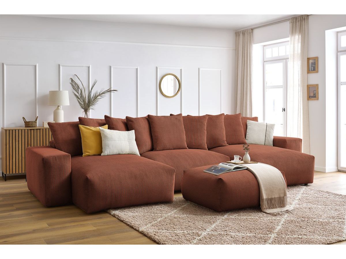 Bobochic Voltaire Wohnlandschaft mit Pouf 420 × 174 cm, Liegefläche 135 × 345 cm Cordsamt Orange