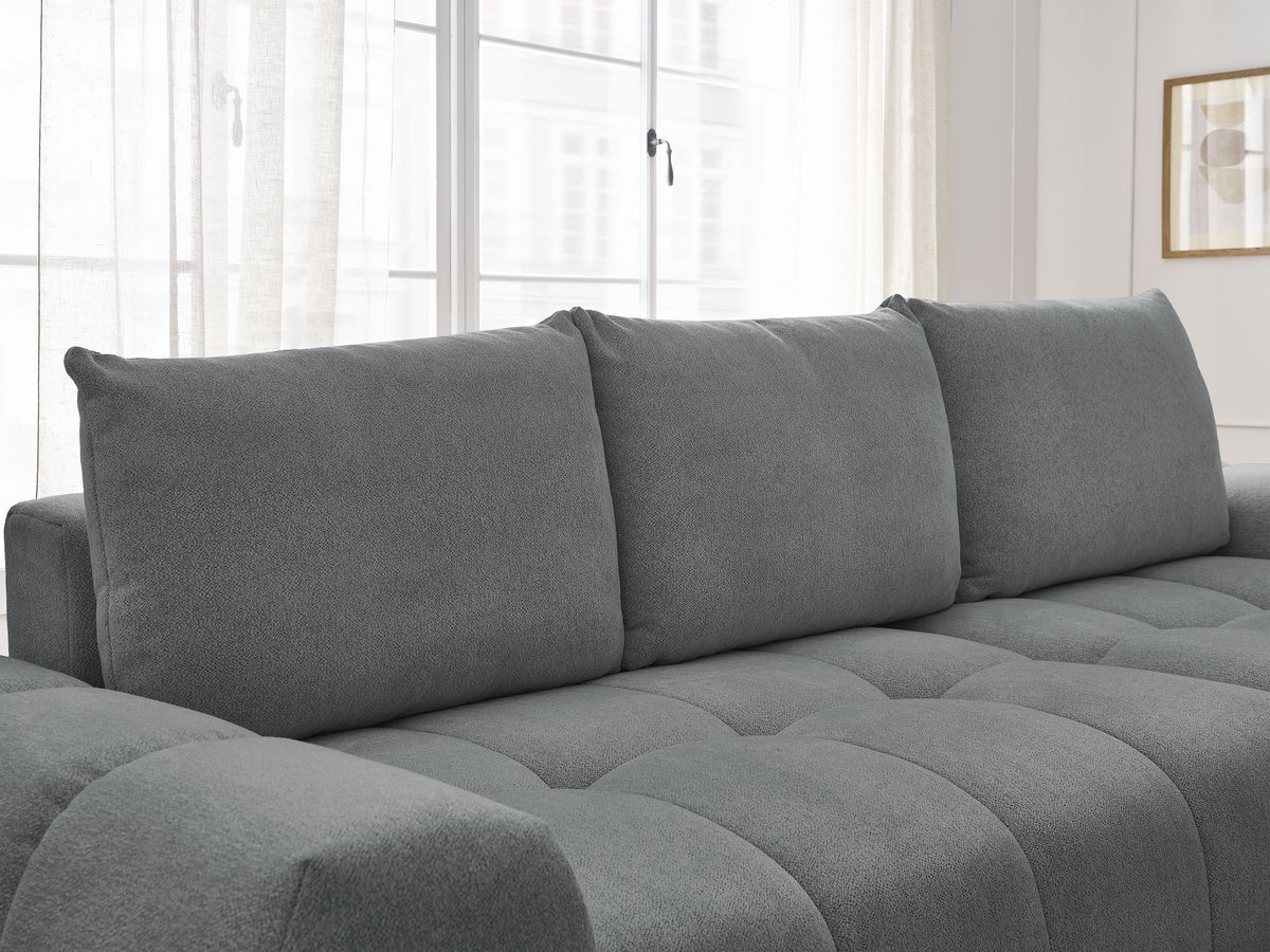 Bobochic Everest Ecksofa mit Schlaffunktion und Bettkasten 318 × 180 cm, 3 Kissen Melange-Stoff Dunkelgrau Ecke rechts