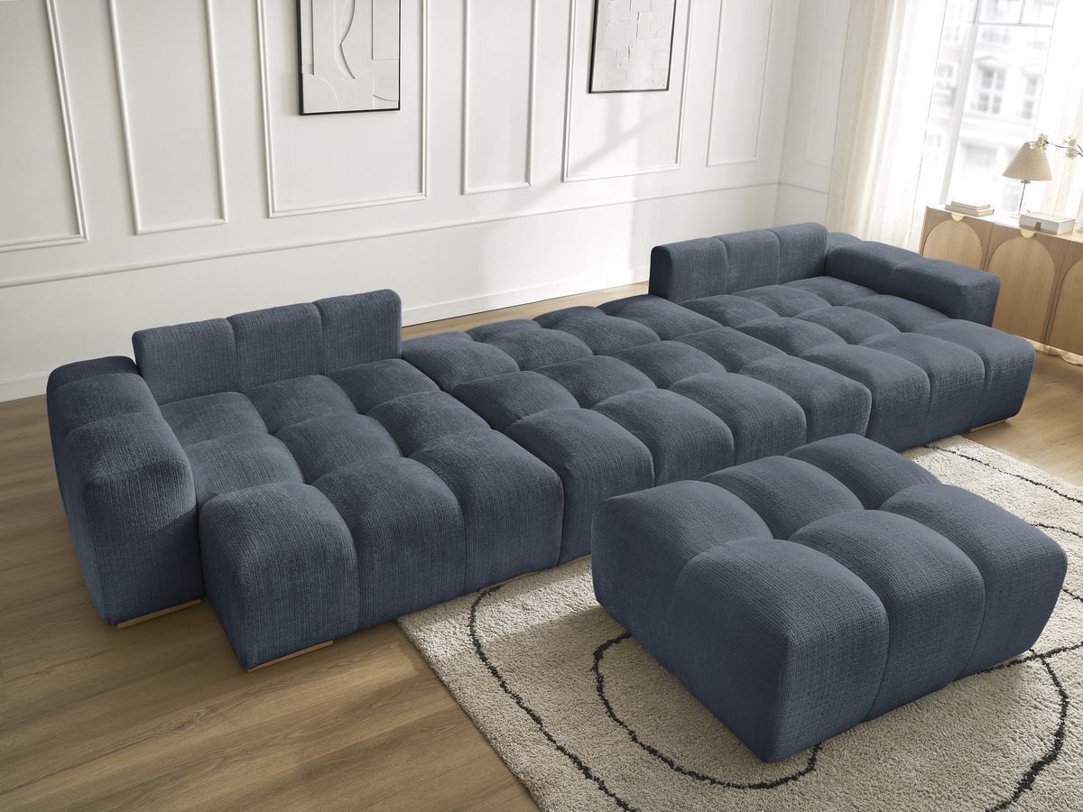 Bobochic Anakin Wohnlandschaft mit Pouf, Liegefläche 137 × 382 cm, 10 Kissen Strukturstoff Dunkelblau
