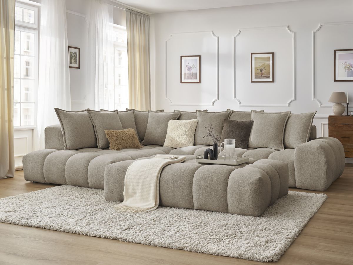 Bobochic Everest Ecksofa mit Schlaffunktion und Pouf, 10 Kissen Melange-Stoff Taupe Ecke links