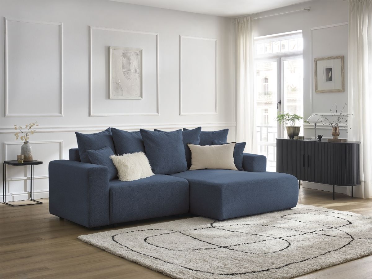 Bobochic Atilla Ecksofa mit Schlaffunktion und Bettkasten Melange-Stoff Blau Ecke rechts