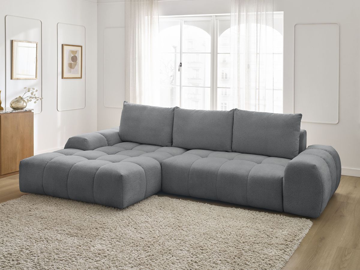 Bobochic Everest Ecksofa mit Schlaffunktion und Bettkasten 318 × 180 cm, 3 Kissen Melange-Stoff Dunkelgrau Ecke links