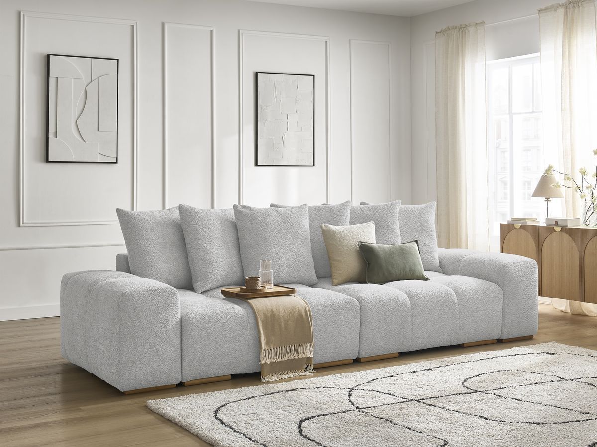 Bobochic Anakin Schlafsofa 3-Sitzer mit Bettkasten, 6 Kissen Bouclé-Stoff Hellgrau