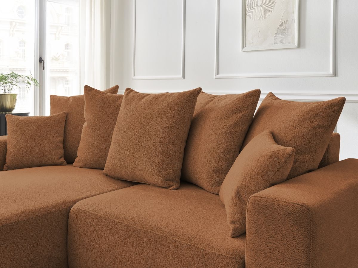 Bobochic Atilla Ecksofa mit Schlaffunktion und Bettkasten Melange-Stoff Orange Ecke links